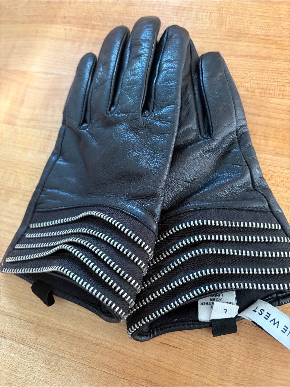 Nine West Black Leather Gloves with Silver Zip Trim